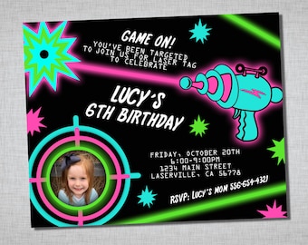 Laser Tag Birthday Invitation - Girls Laser Tag - cosmic - black pink teal green - Laser Tag Invitation