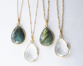Long Necklace, Crystal Long Pendant Necklace, Teardrop Gold Necklace Long Stone Necklace Long Layering Necklace Gemstone Statement Necklace