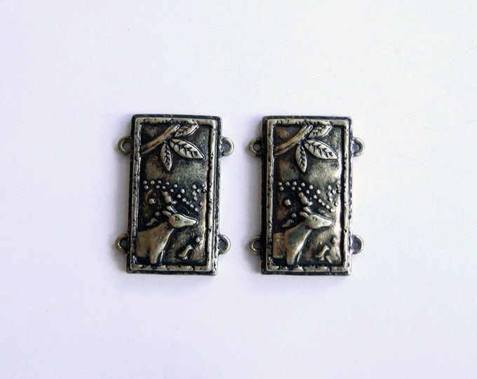 Pair of Double Link Burnished Gold-tone Rectanglular Deer Connector Charms