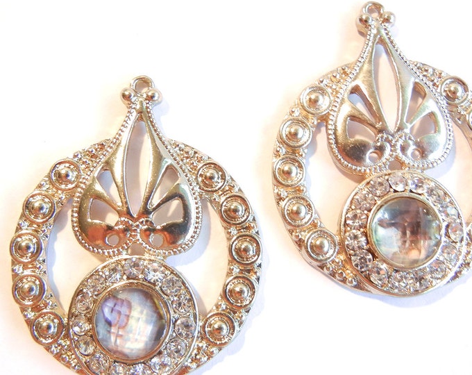 Pair of Gold-tone Round Decorative Drops with Rhinestones and Acrylic Gray Gem Accent