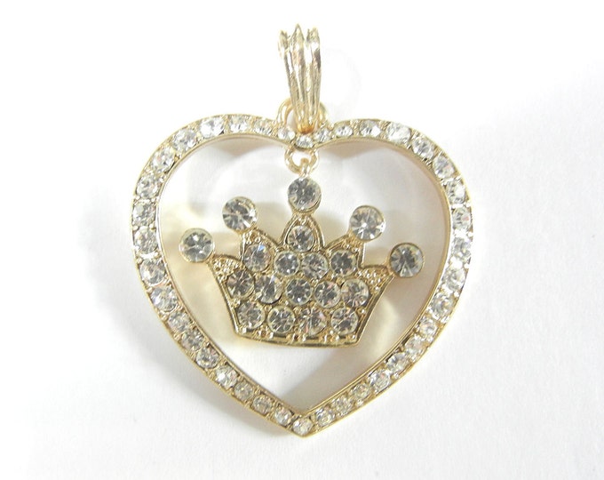 Heart with Linked Crown Pendant Gold-tone Rhinestones