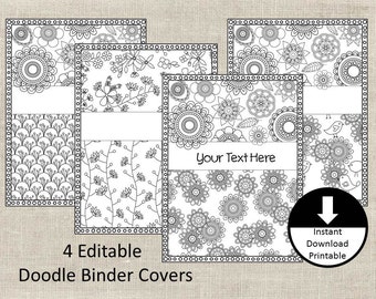 Doodle Color Page, Binder Covers, Binder Insert, Adult Color Page, School, Student, Teacher, Editable Binder Cover, Printable, Set of 4