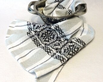 Woven Cotton Towel for Kitchen or Bath, Hand Towel,Bath Hand Towel, White Black Handtowel, Kitchen Towel, Handwoven Towel (14-07 white weft)