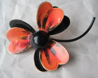 Orange Black Flower Enamel Brooch Vintage Pin