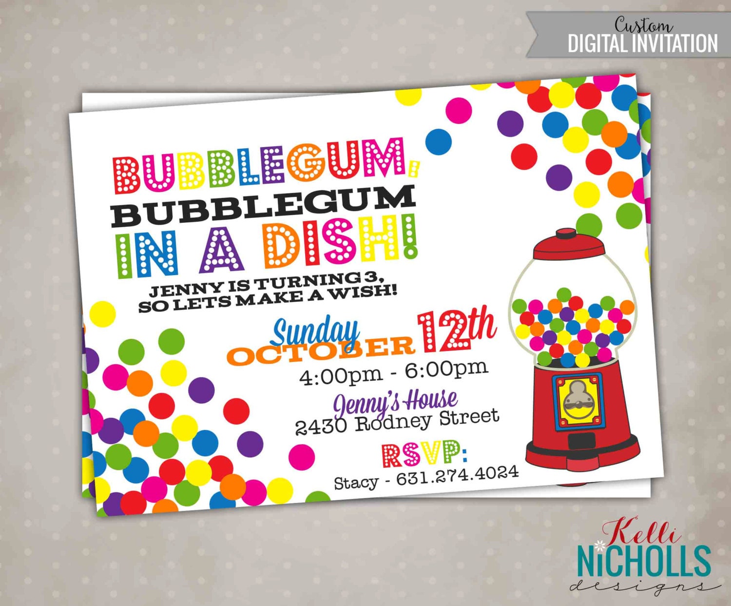 Gumball Birthday Invitation BubbleGum by KelliNichollsDesigns