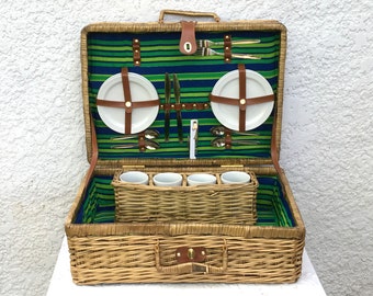 Vintage Large Suitcase Style Picnic Basket /Ceramic Plates, Mugs, Beachy Colors, Blue Striped Cotton Lining