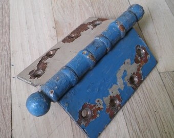 BLUE CHIPPY HINGE, Antique Hinge,Edwardian Door Hinge,Chippy Blue & WhitevHinge,Distressed Antique Hinge,Door Hardware,Antique Hardware