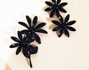 Navy Flower Brooch and Clip Earrings