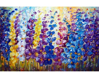 Flowers Oil Painting Modern Art Decor Floral BLUE Purple GARDEN 36x24 Canvas by Luiza Vizoli