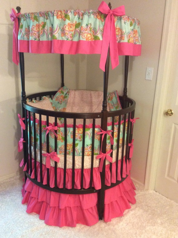 Baby Girl Round Crib Bedding Ruffled in Aqua and Hot Pink