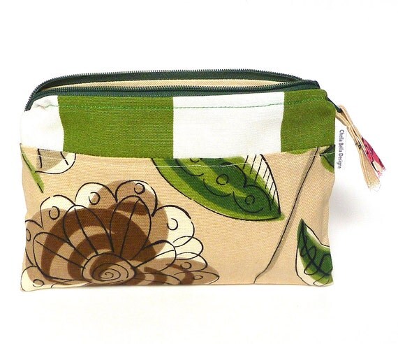 Green stripe and floral cosmetic bag make-up bag gadget bag
