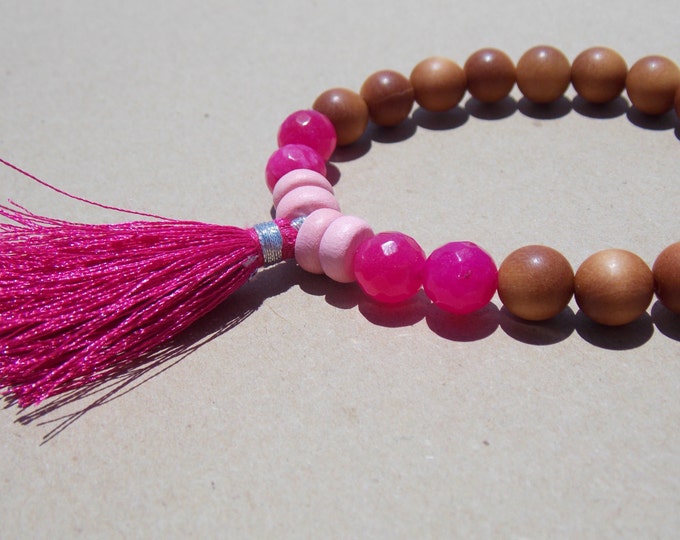 Boho Yoga Pink Tassel Bracelet Sandalwood Beaded Bracelet Bubblegum Pink Agate Wood Natural Elements Spiritual Jewelry