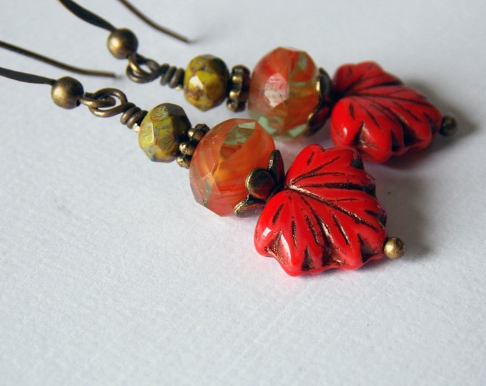 Leaf Earrings Czech Glass Earrings Maple Leaf Rustic Earrings Picasso Red Bittersweet Orange Jewelry Earthy Woodland Autumn Gift Earrings