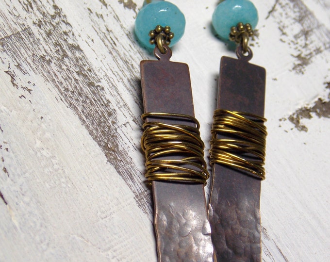 Bar Earrings Woodland Gemstone Boho Earrings Amazonite Brass Wire Wrapped Long Light Earrings Aqua Drop Earrings Textured Rustic Jewelry