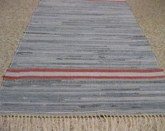 Handwoven Denim w/ Red Borders Rag Rug 25 x 53 (A) (M)