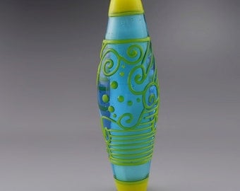 Yellow Lines Scrollwork Dots Aqua Blue Modern Scrolls Art Deco Bicone Focal Artisan Lampwork Bead Handmade Glass Heather Behrendt SRA 3551