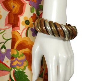 1970s vintage wide chunky 3-tone silver, copper + brass half-round Buddhist bangle bracelet, metal on wood, boho luxe tribal statement piece