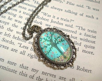 Turquoise Tree Necklace Teal Blue Necklace Vintage Brass Necklace