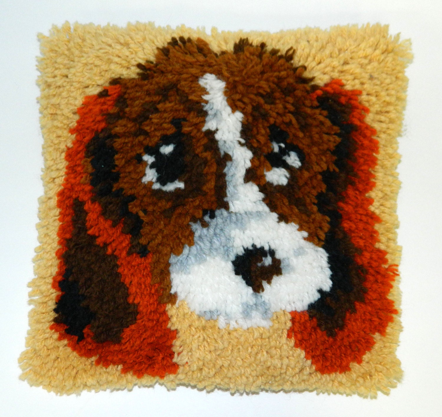 Vintage Dog Portrait Pillow Latch Hook Completed Handmade