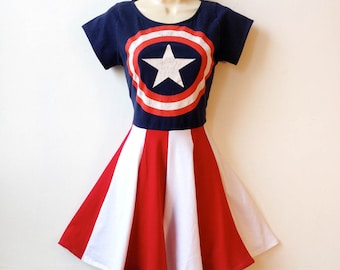 Captain America Dress // Womens Superhero Halloween Costume // Rockabilly Pin Up Girl Dress