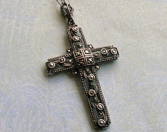 Vintage Sterling Marcasite Cross, Sterling Marcasite Cross, Catholic Cross, Old Vintage Cross (#2935)