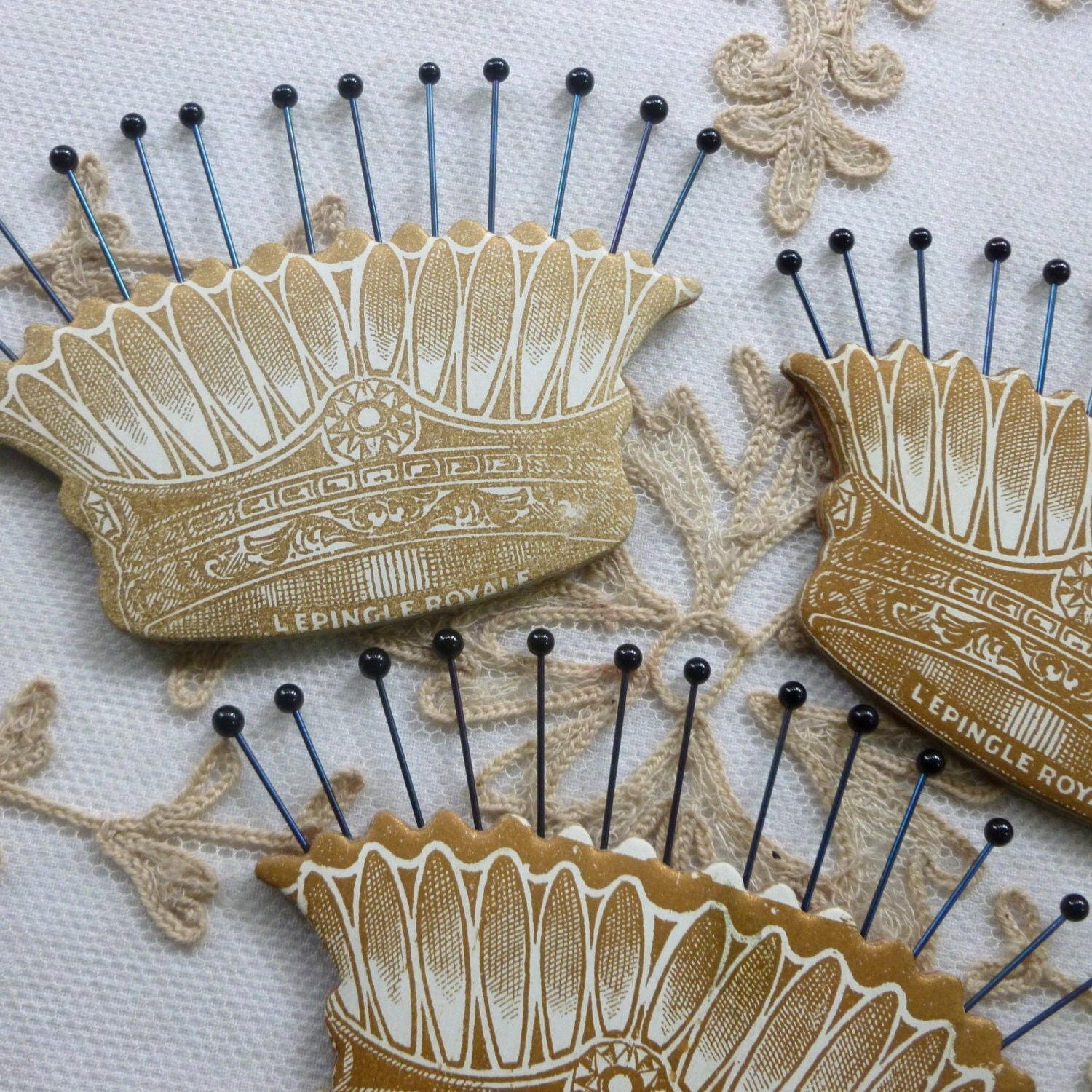 Vintage French Crown Holder with Glass Head Pins