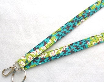 Modern Amy Butler Fabric Lanyard ID Badge Holder Breakaway Lanyard Key Ring Fob Glow Geo Waves Lime Green Turquoise