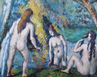 Paul Cezanne, Three Bathers, Mature Content, 1879, 9 x 9 in. Reproduction Impressionist Print,Color Plate, 1970 Book Print