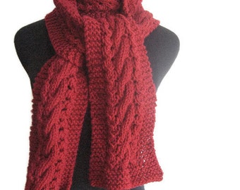Cranberry Red Cable and Lace Scarf, Vegan Knits, The Stef Scarf, Red Scarf, Hand Knit Scarf, Winter Scarf, Womens Scarf, Winter Accessories