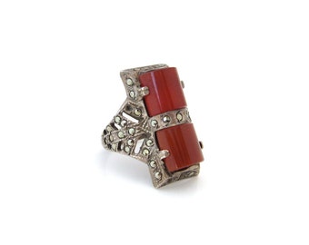 1930s Art Deco Ring | Sterling Silver, Carnelian Glass, Marcasite | Vintage Art Deco Jewelry