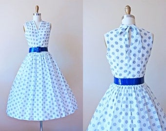 1940s Dress Vintage 40s Dress White Navy Blue by jumblelaya