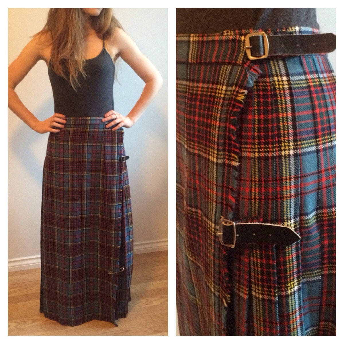 Kilt Plaid Kilt Long Kilt Wool Plaid Skirt Tartan Blue