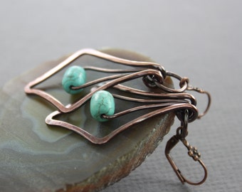 Swinging Art Deco chandelier copper earrings with barrel shape turquoise stones - Dangle earrings - Turquoise earrings - ER093