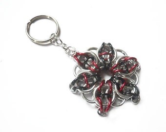Chainmaille key chain, Large red and black star, Celtic Visions star
