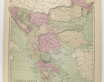 Old 1873 Turkey in Europe Map, Greece, Greek Islands Map Balkan Peninsula, Turkey Gift for Friend, Greece Gift for Him, Vintage Map Turkey