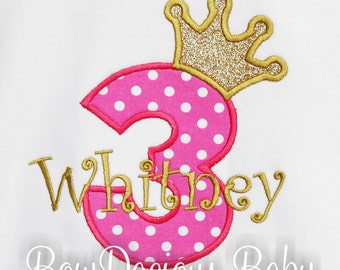 Princess Birthday Shirt or Bodysuit, Girl's 3rd Birthday Bodysuit, Princess 3 Birthday Shirt, Hot Pink and Gold Birthday Shirt