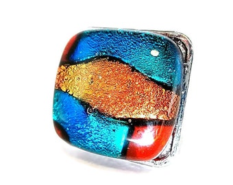 Dichroic Glass Ring/ Fused Glass Ring/ Adjustable Ring/Red, Teal and Orange