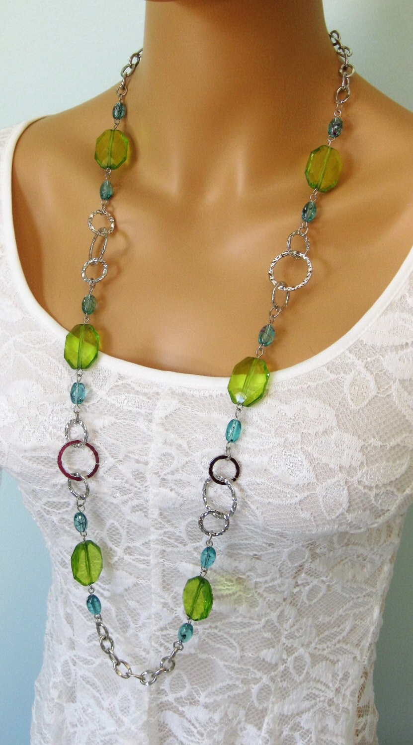 Long Green Beaded Necklace Chunky Green Necklace Long Blue