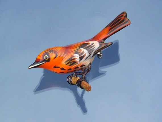 Takahashi Bird Brooch Pin Carved Painted Lacquered Wood