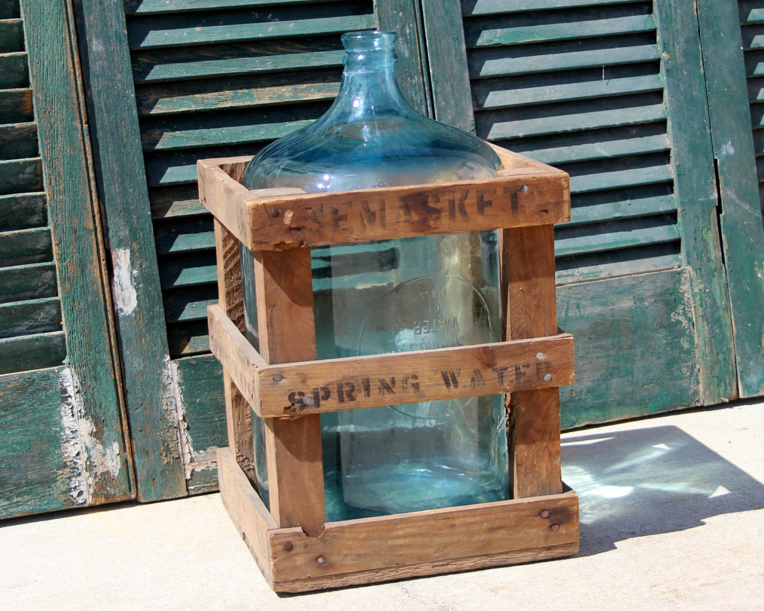 Vintage Carboy in Crate / 5 Gallon Bottle in Crate / Aqua