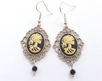 Silver Zombie Earrings, Filigree Skull Earrings, Lolita Earrings, Skeleton Cameo Earrings, Plated, Surgical or Sterling Silver Wires