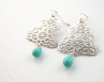 Silver Filigree Earrings, Turquoise Dangle Earrings, Filigree Statement Earrings, Turquoise Drop Earrings, Silver Statement Earrings