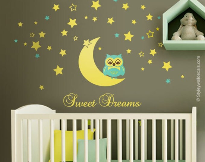 Owl Wall Decal, Owl Moon and Stars Wall Decal, Sweet Dreams Vinyl Lettering, Moon and Stars Wall Decal, Owl Stars Nursery Kids Wall Sticker