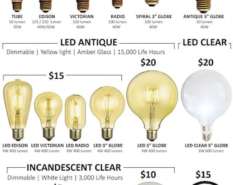 Antique Light Bulbs and LED Bulbs Many Styles! Tungsten Filament Edison Globe, Radio, LED Edison, 5" Globes Vintage Bulb- Hangout Lighting
