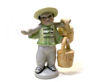 Vintage Chinese Boy with Asian Shoulder Yoke Salt and Pepper Shaker Made in Japan Cork Stopper