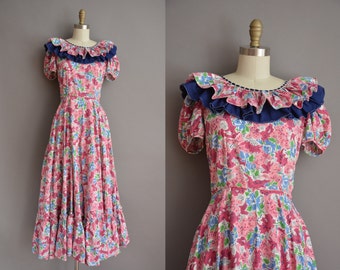 40s Donnells floral cotton vintage maxi dress / vintage 1940s dress