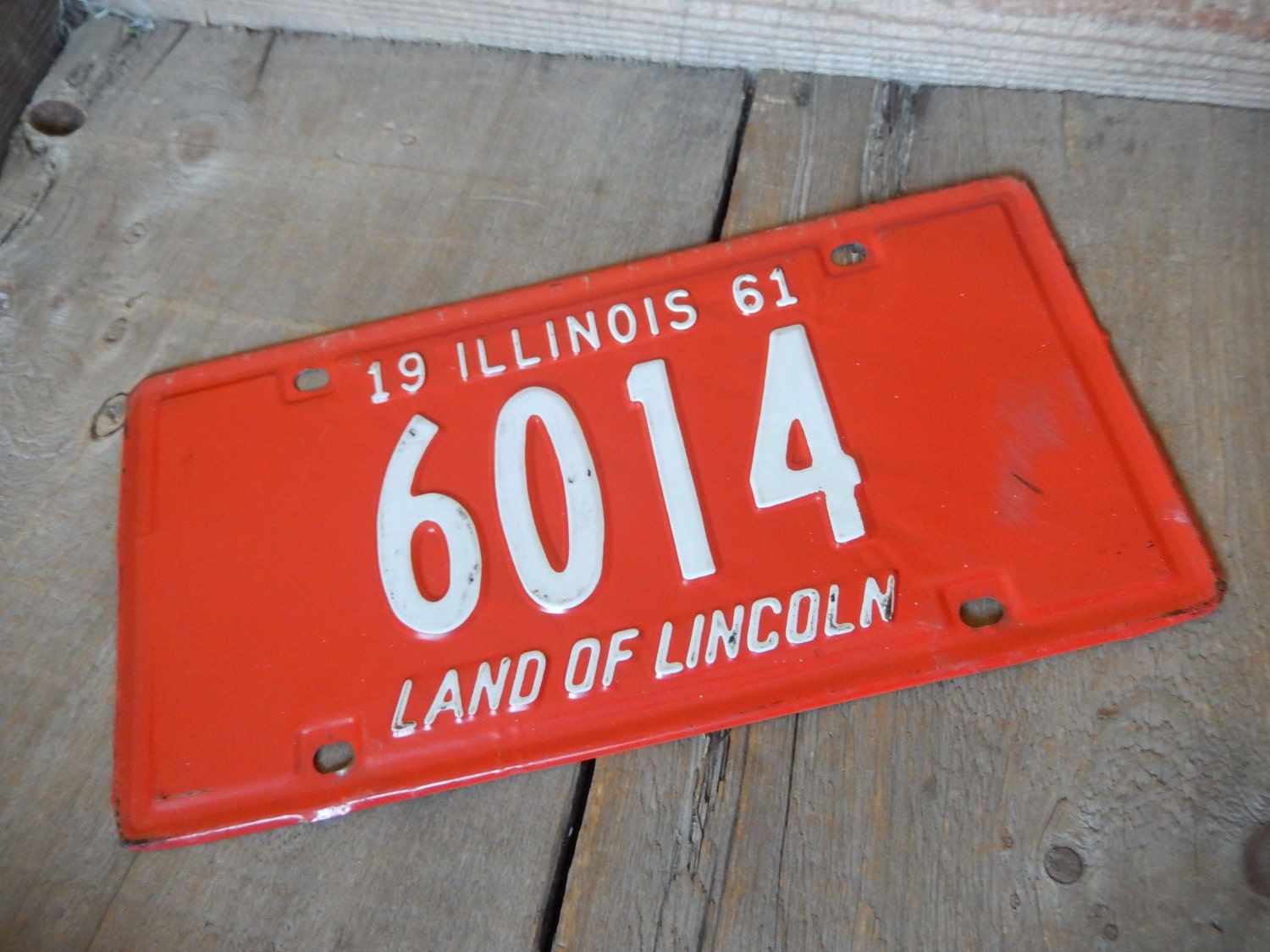 Vintage License Plate Illinois 1961 Red and White Metal Rustic