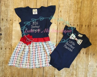 Sibling set, big sister little brother set, big sister dress, little brother oneise