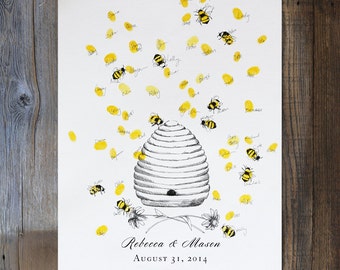 Wedding Guest Book Alternative, thumbprint guestbook, Unique Guestbook, Honey Bee Hive (w/ 1 mini ink pad), fingerprint tree, baby shower