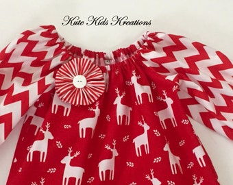 Toddler Christmas Dress, Peasant Dress, Red Chevron/Reindeer/Size 4T, Ready to Ship